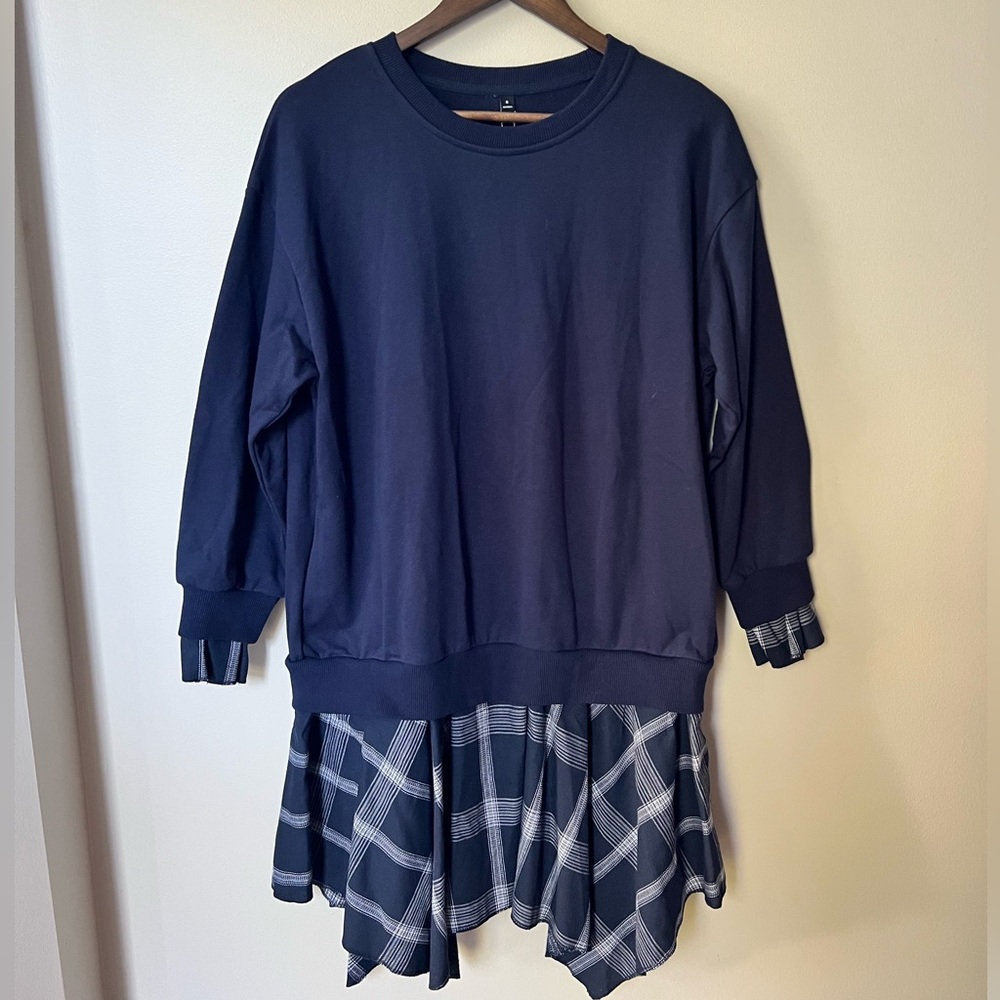 SecChic navy blue sweater with drop waist plaid bottom